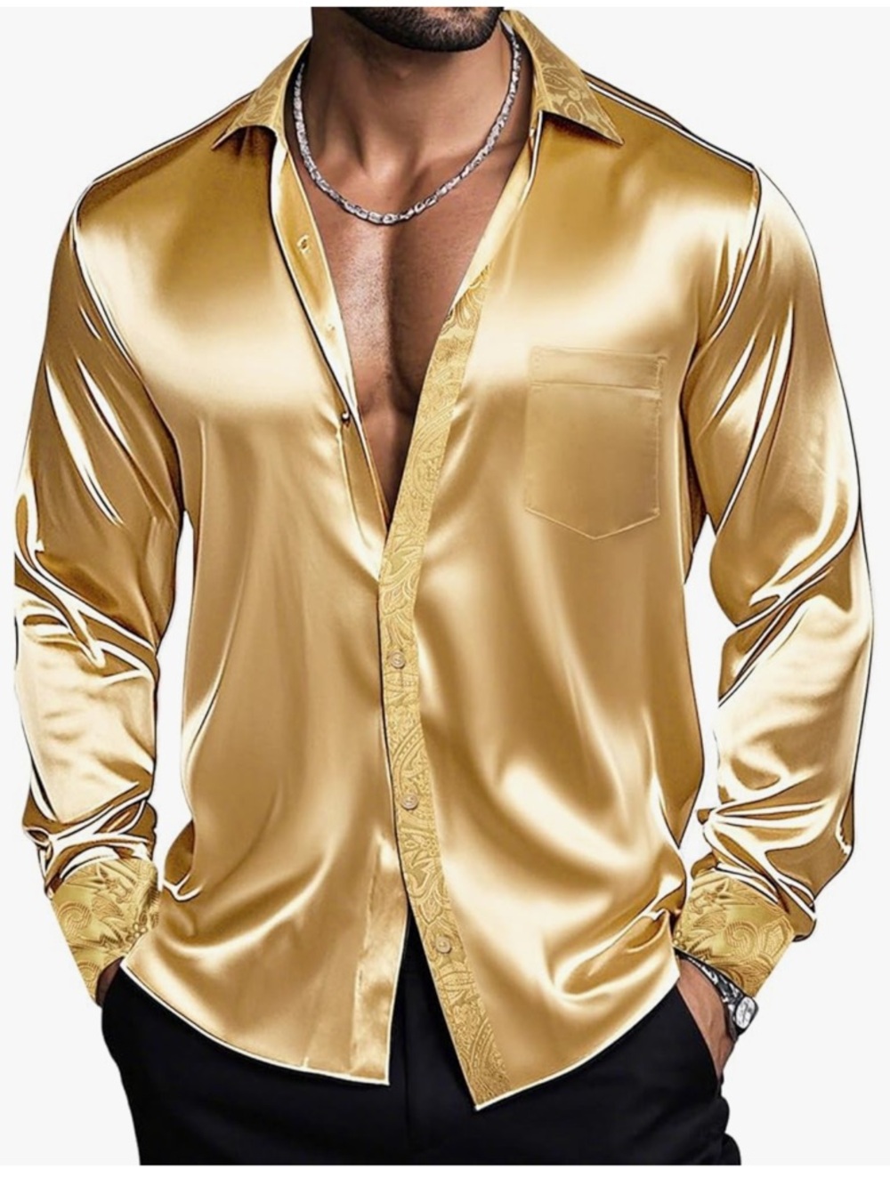 Men's Satin Button-Down Shirt - Gold Shine includes Tie ,Pocket Square ,Cufflink